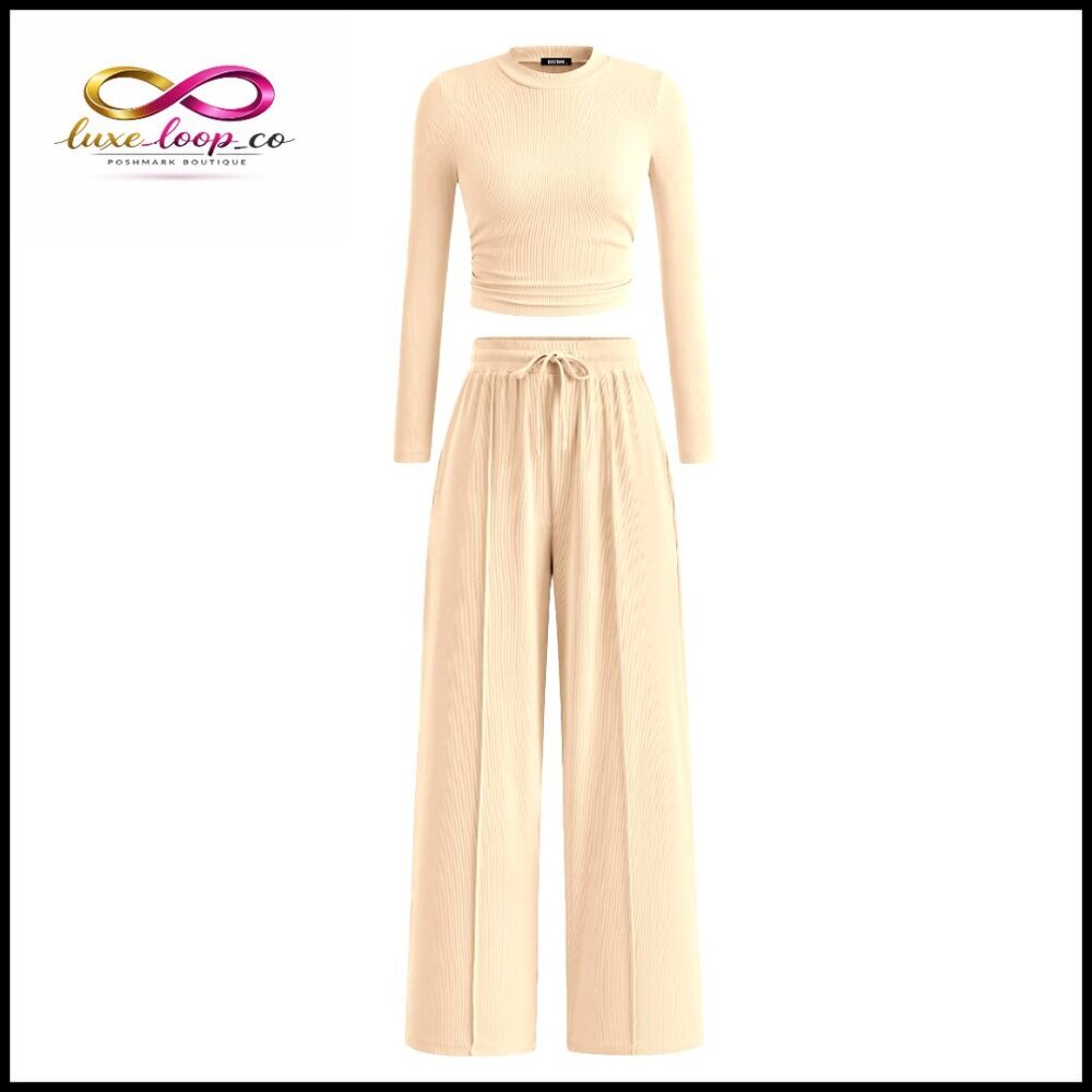 Long Sleeve Ribbed Crop Top Wide Leg Pants Lounge Set Size Large